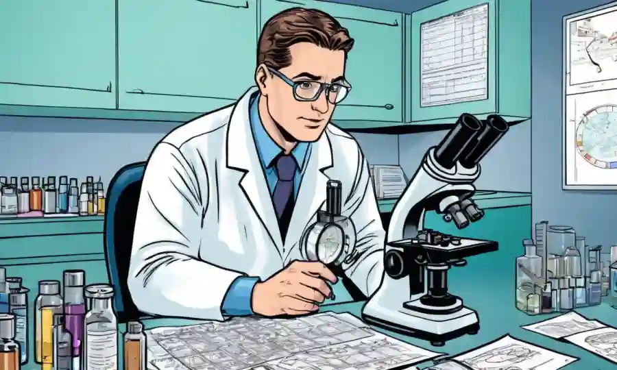 Médico profesional estudiando una muestra de microscopio rodeada de equipos de laboratorio y mapas de datos.