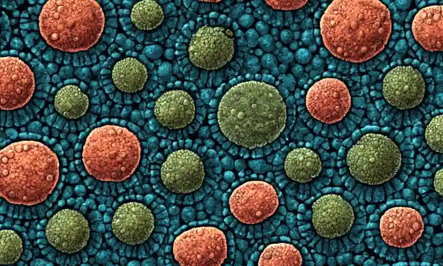 Una imagen de microscopio que muestra varias esporas fúngicas en un fondo de red.