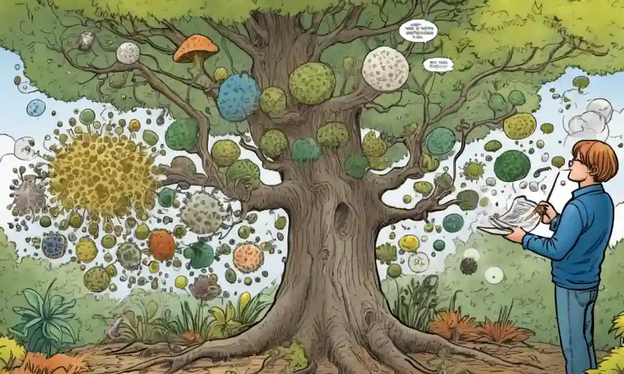 Un artista que pinta diferentes tipos de esporas de varias plantas alrededor de un diagrama de árboles.