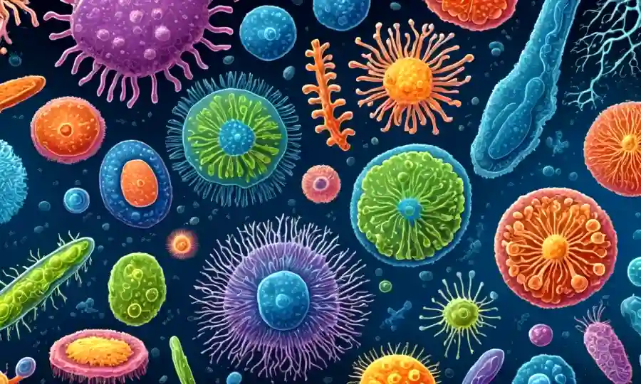 Imagen microscópica de diversos organismos unicelares (bacterias y protistas) con descripciones detalladas de sus esporas.