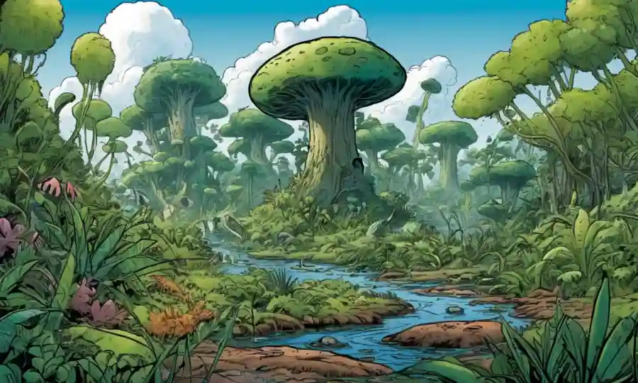 Un exuberante ecosistema con diferentes especies vegetales, destacando la importancia de las esporas en sus ambientes.