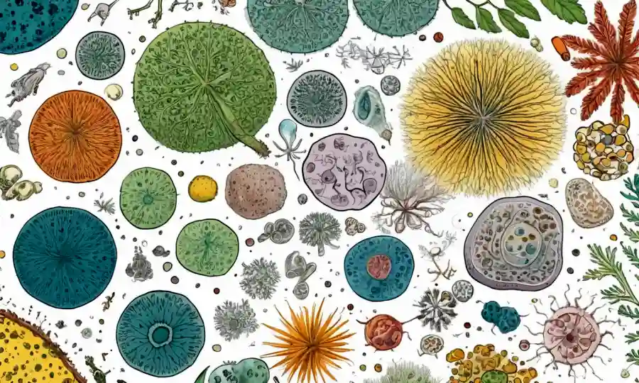 Imágenes microscópicas de varias esporas rodeadas de diagramas botánicos y ecuaciones científicas.