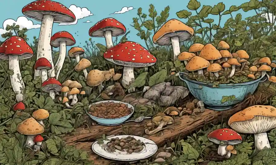 Imagen que muestra diversos hongos con hechos nutricionales y usos culinarios.