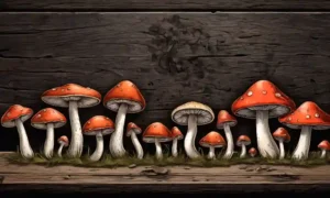 Varios tipos de hongos en una tabla de madera rústica.