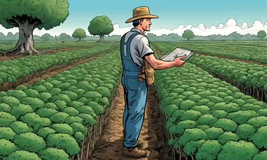 Un agricultor inspecciona una red de hongos exuberantes en un campo de cultivo orgánico.