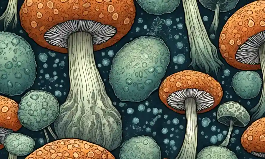Una ilustración científica de células fúngicas con detalles intrincados.