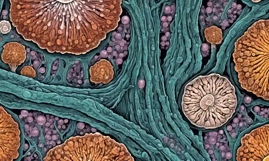 Una vista microscópica de hongos ascomycete con características estructurales detalladas resaltadas.