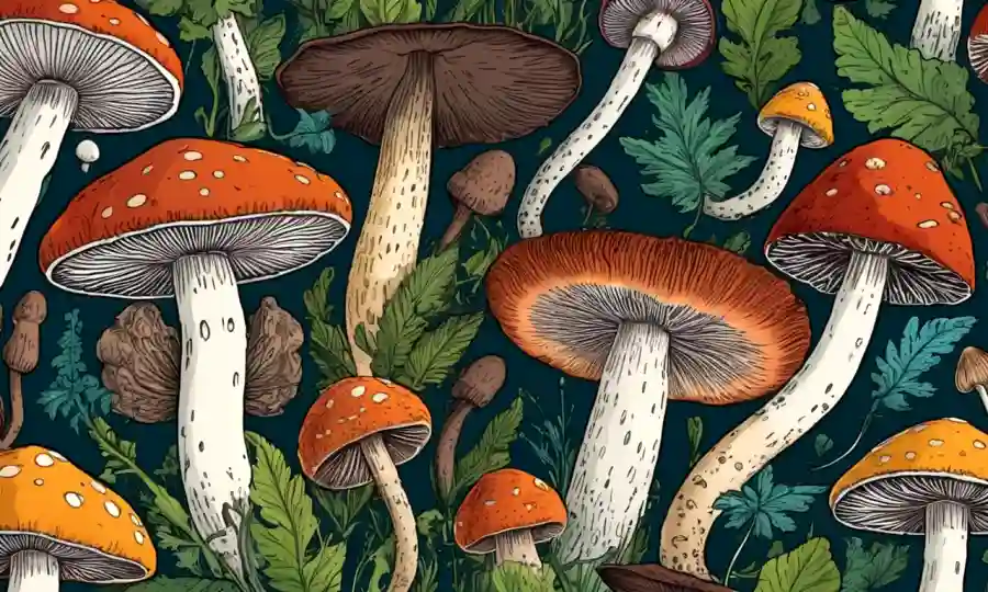 Una ilustración colorida de varios hongos que representan diversas especies de Ascomycete.