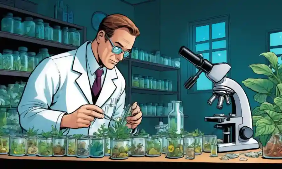 Científico examinando diapositivas de microscopio en un laboratorio con varias muestras de plantas y hongos.