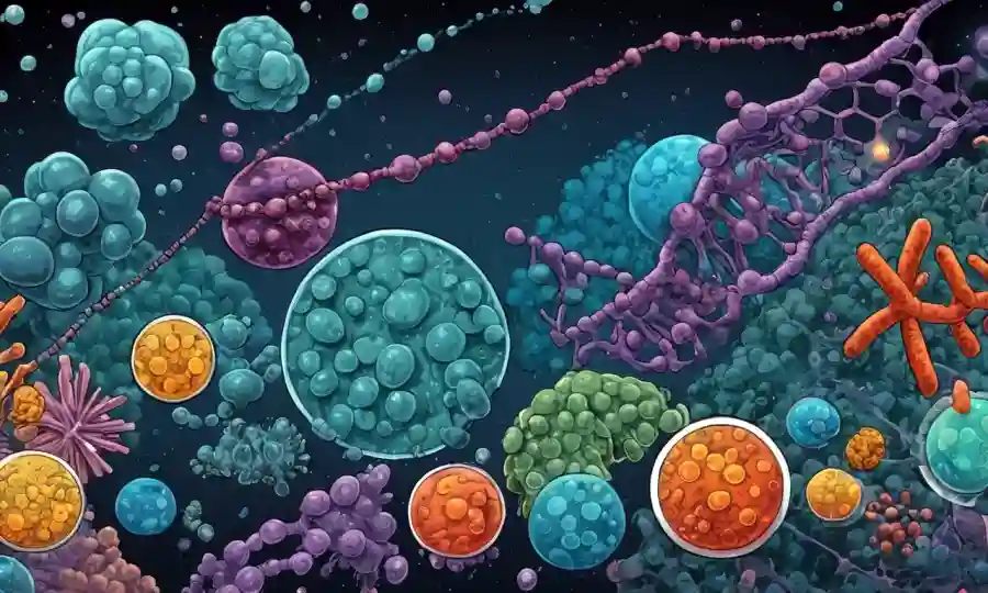Ilustraciones científicas de microorganismos y estructuras de ADN junto a gráficos y tablas.
