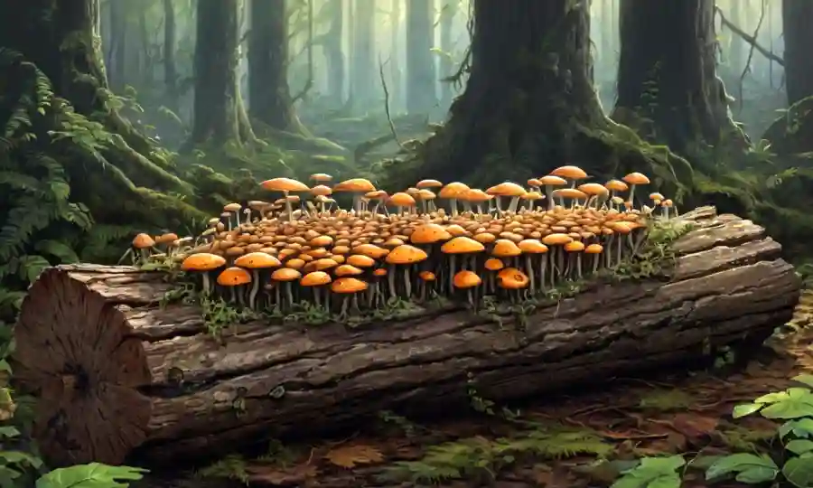 Esporas de hongos brotando de un tronco descompuesto en un bosque exuberante.