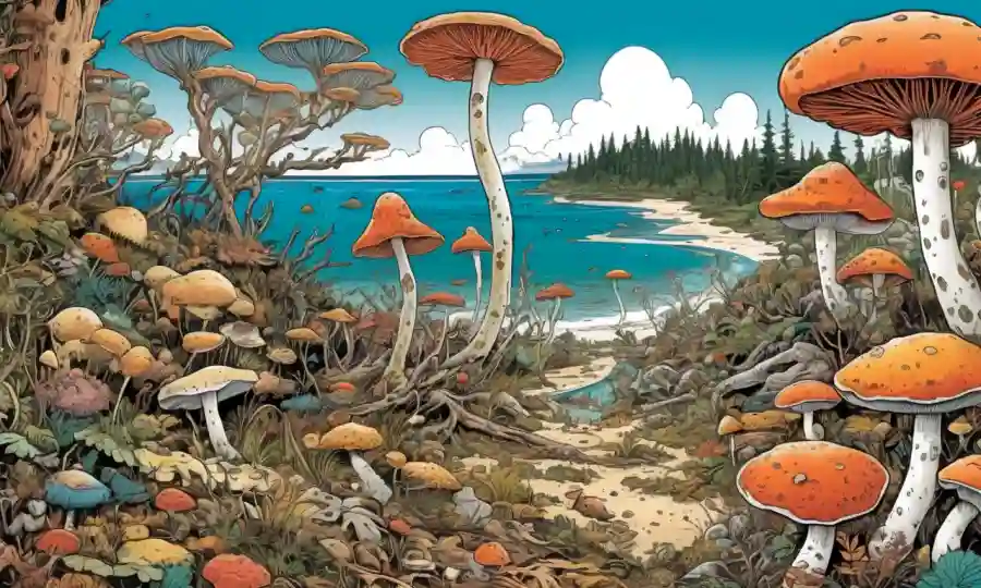 Collage of filamentous fungi adapting to different habitats such as forest floor, deserts, and ocean shores.