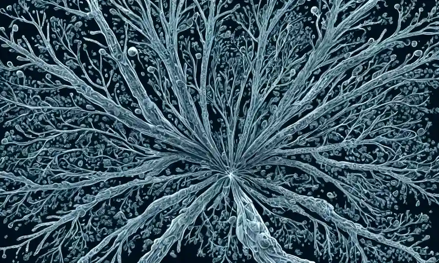Imagen del microscopio mostrando estructuras de hifae fúngicas con descripciones claras y densas de sus características.