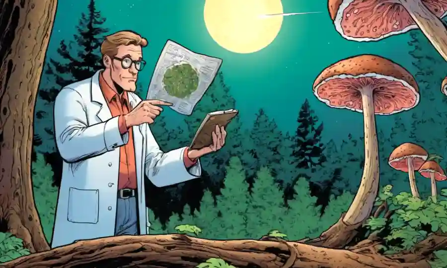 Científico examinando un espécimen de hongos único en un fondo de árboles forestales.
