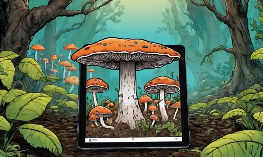 Fungi creciendo en medio de árboles y suelo