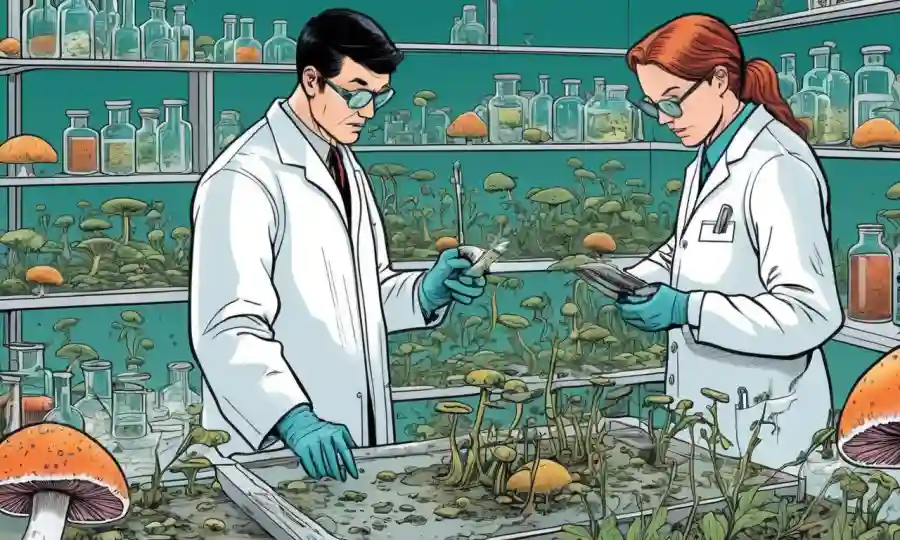 Investigadores científicos que examinan hongos en un laboratorio o campo.
