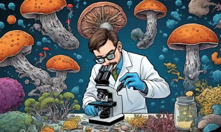 Un microbiólogo que estudia varios tipos de hongos bajo un microscopio.