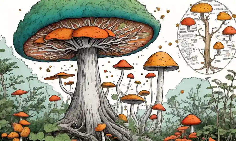 Fungi creciendo en árboles, rodeado de diagramas y ecuaciones científicas.