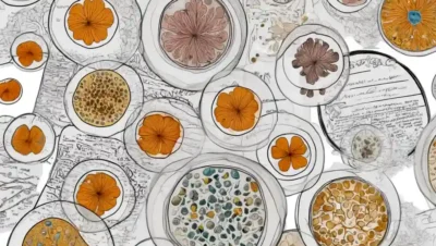 Muestras microscópicas de hongos en platos Petri con diagramas y notas de investigación dispersas alrededor.
