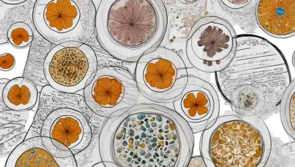 Muestras microscópicas de hongos en platos Petri con diagramas y notas de investigación dispersas alrededor.