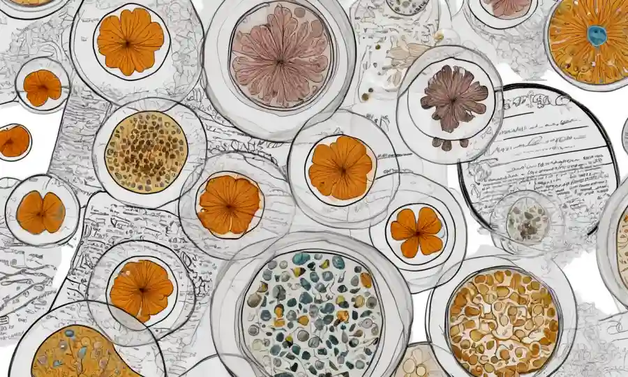 Muestras microscópicas de hongos en platos Petri con diagramas y notas de investigación dispersas alrededor.