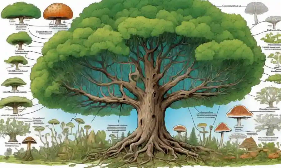 Un diagrama tipo árbol que muestra la evolución y las relaciones entre especies fúngicas con énfasis en las implicaciones de conservación.
