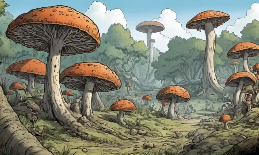 Antiguas especies fúngicas en entornos prehistóricos evolucionan con el tiempo a través de ilustraciones.