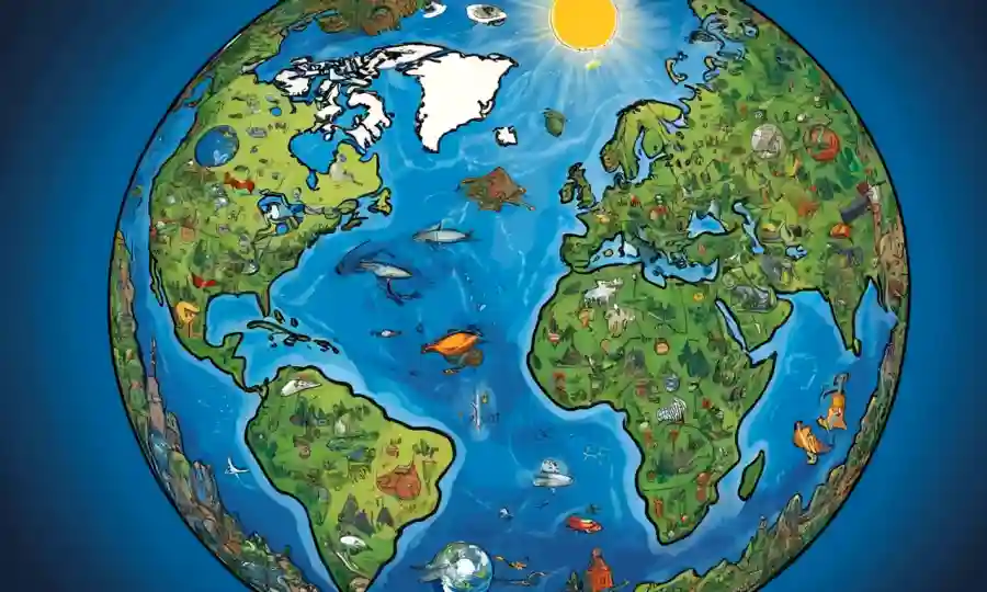 Globe with interconnected icons representing ecosystem interactions amidst climate changes.
