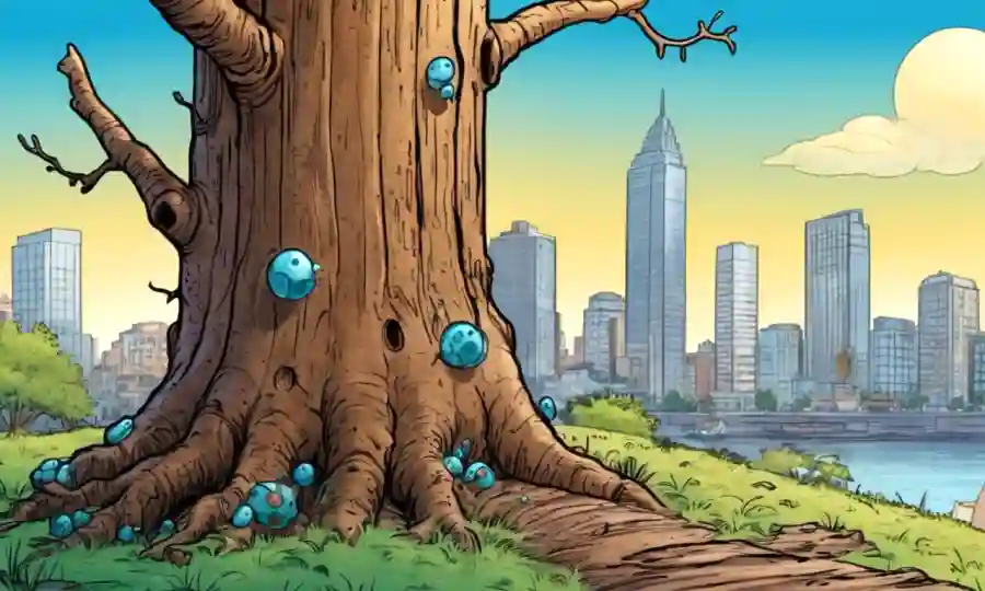 Microorganismos interactuando en un tronco de árboles con un paisaje urbano borroso, simbolizando la naturaleza-simbiosis.