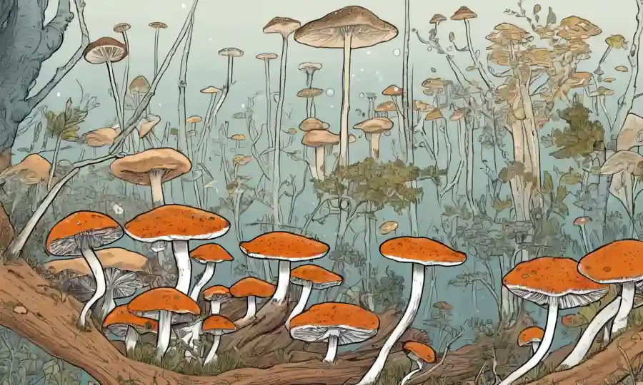 Una vista microscópica de hongos con flechas y diagramas que ilustran los factores que afectan su crecimiento.