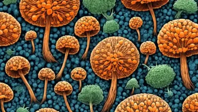 Micromagnificación de esporas fúngicas creciendo en sustrato con ilustraciones detalladas.