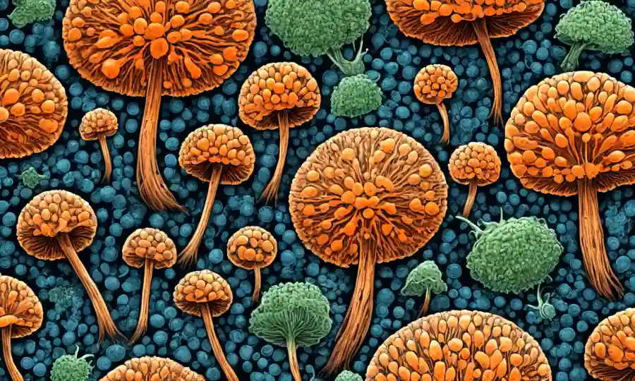 Micromagnificación de esporas fúngicas creciendo en sustrato con ilustraciones detalladas.