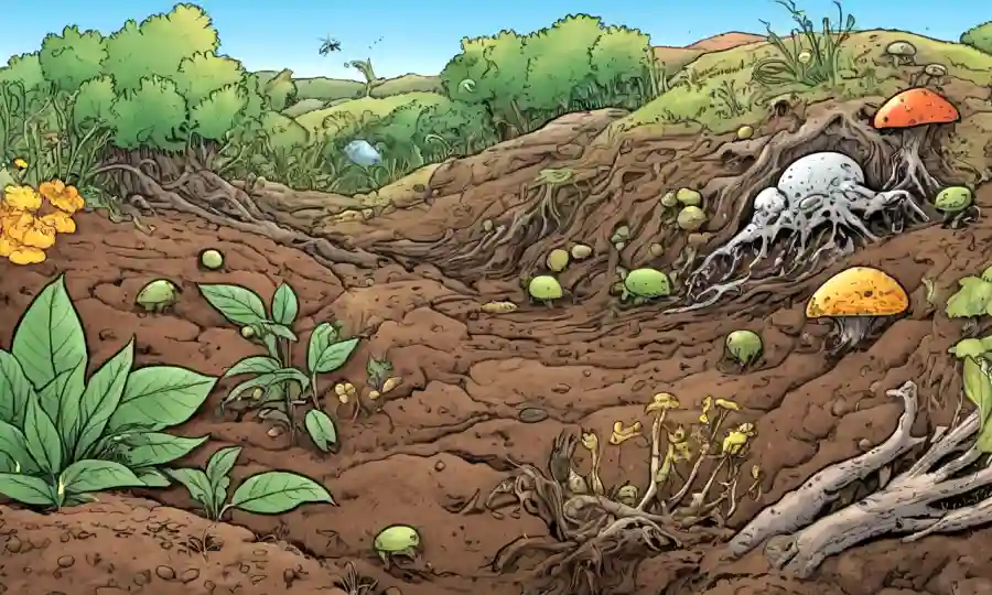 Ecosistema de suelo con materia orgánica descompuesta y diversos organismos involucrados.