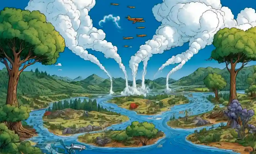 Ilustraciones interconectadas que representan los procesos del ciclo de oxígeno nitrógeno de carbono en la naturaleza y sus conexiones.