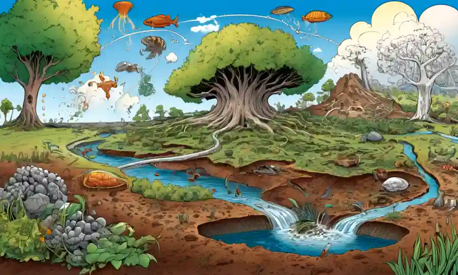 Ilustración del ciclo del nitrógeno, destacando nutrientes y organismos del suelo.