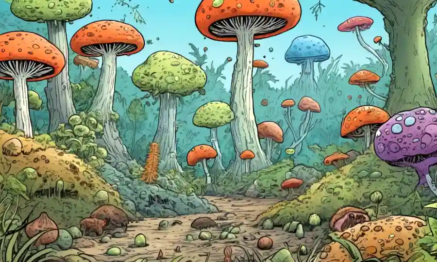 Organismos microscópicos rodeados de diversas etapas de vida de esporas en un entorno natural.