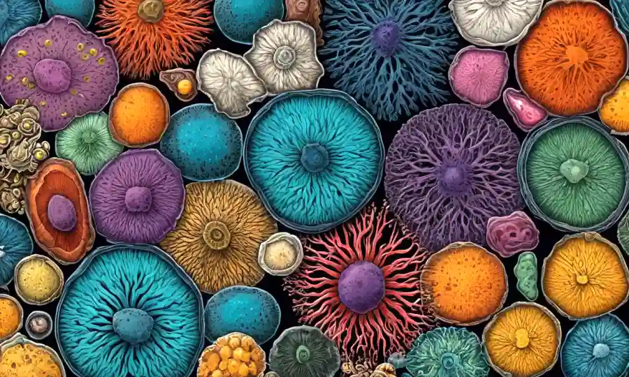 Varios tipos de esporas magnificadas bajo un microscopio.