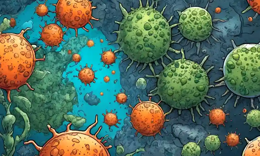 Células o organismos microscópicos rodeados de daño ambiental y contaminación.