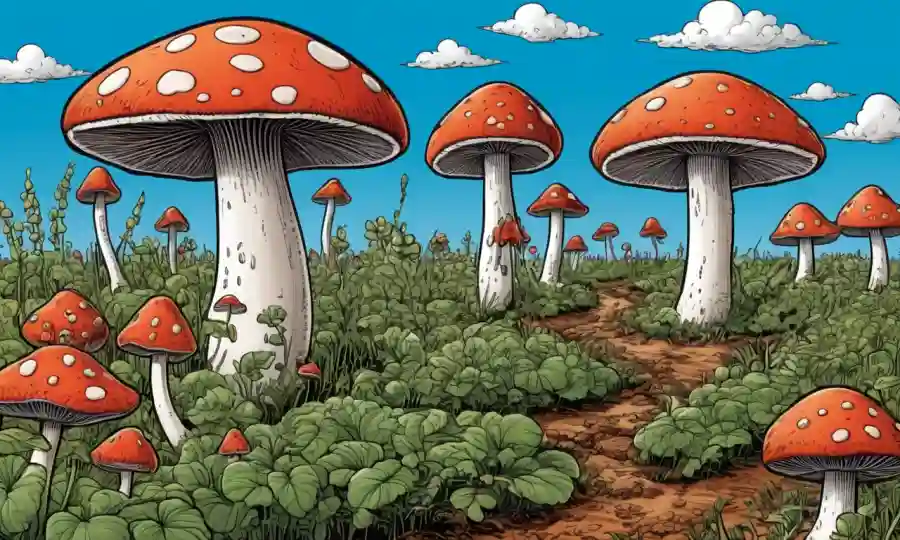 Ilustración del ciclo de vida de setas con agentes de control y campos de cultivo.