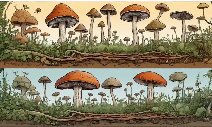 Ilustraciones que representan las etapas del ciclo de vida fúngica del crecimiento al deterioro.