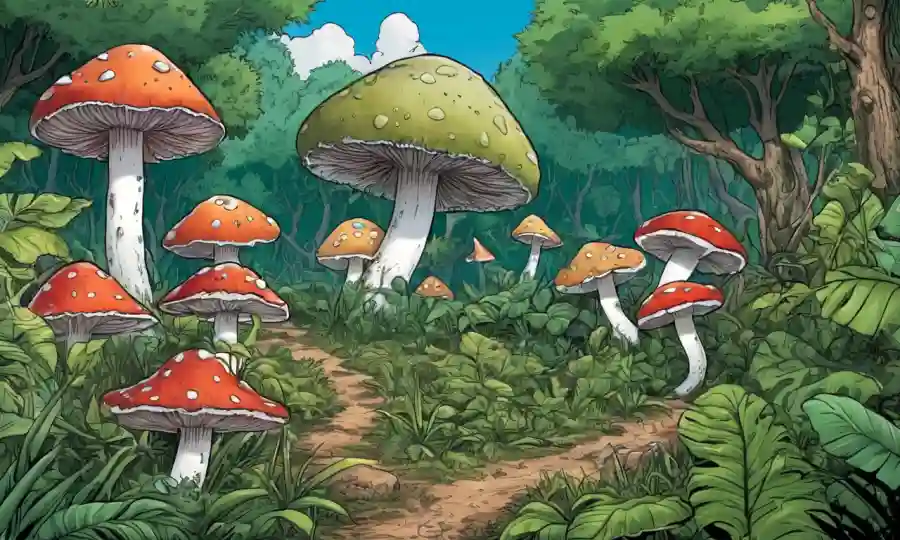 Un grupo de hongos rodeado de vegetación exuberante y hábitat natural.
