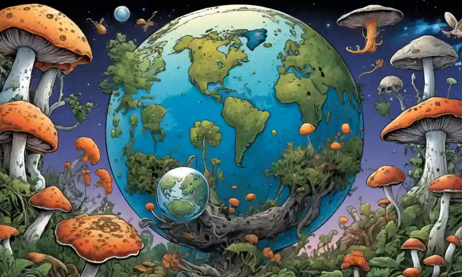 Ilustración de varias etapas de desarrollo de hongos alrededor de un globo para representar impacto ambiental.