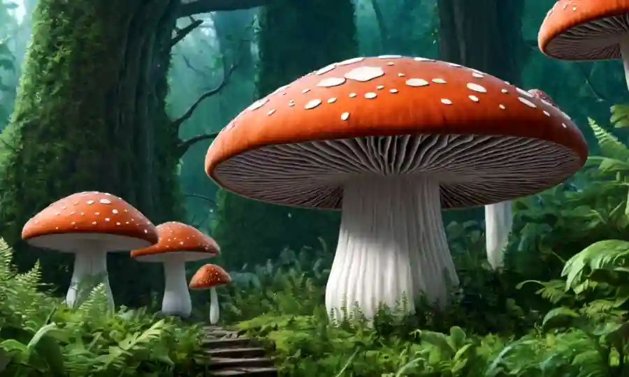 Estructuras parecidas a los hongos con esporas que liberan en el aire en medio de un fondo de vegetación.