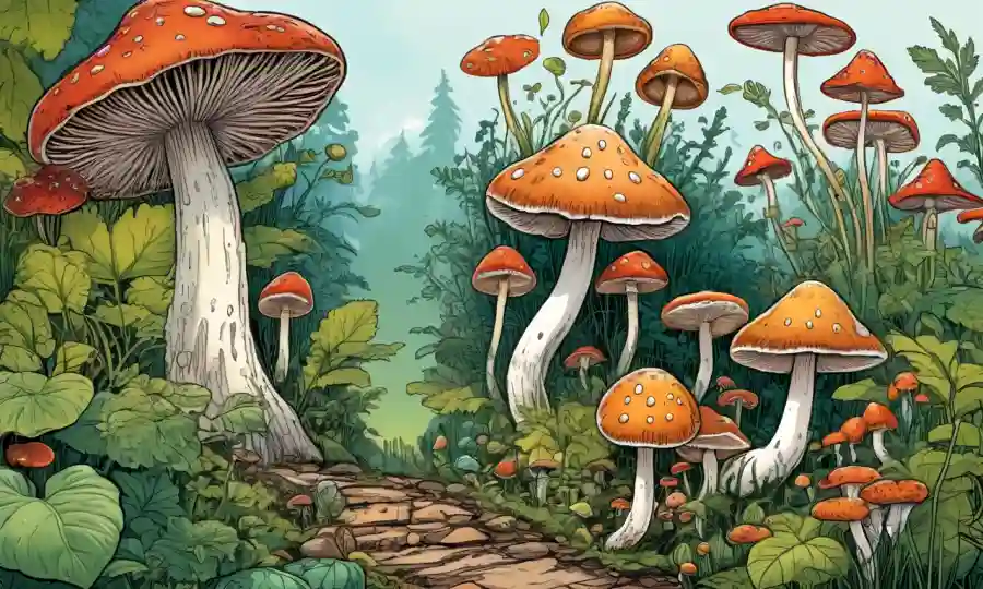 Una ilustración colorida que muestra los pasos fascinantes de la fase de crecimiento vegetativo de un ciclo de vida de hongos.