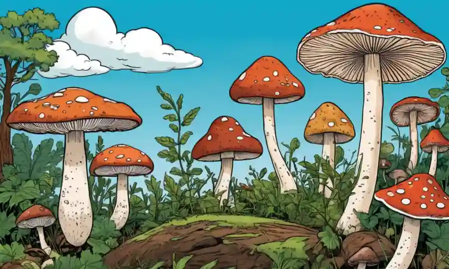 Varias etapas de un ciclo de vida de hongos que se muestra a través de ilustraciones animadas.