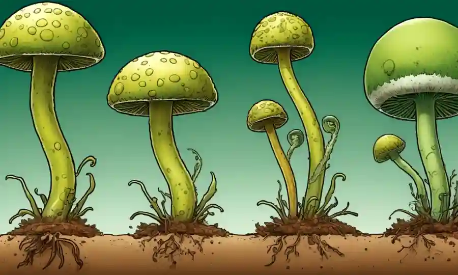 Ilustraciones que muestran las diferentes etapas de un ciclo de vida de moldes, desde la espora hasta la germinación hasta la madurez.