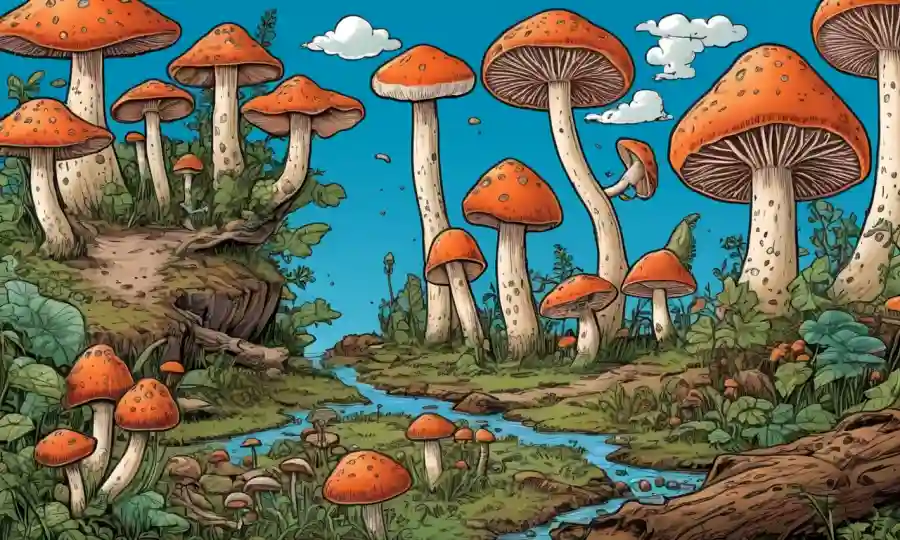 Un ciclo de vida de hongos, de la cuchara a la madurez, mostrado en una ilustración de diagrama de flujo.