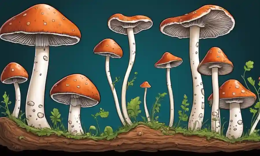Ilustración mostrando diferentes etapas de un ciclo de vida de hongos