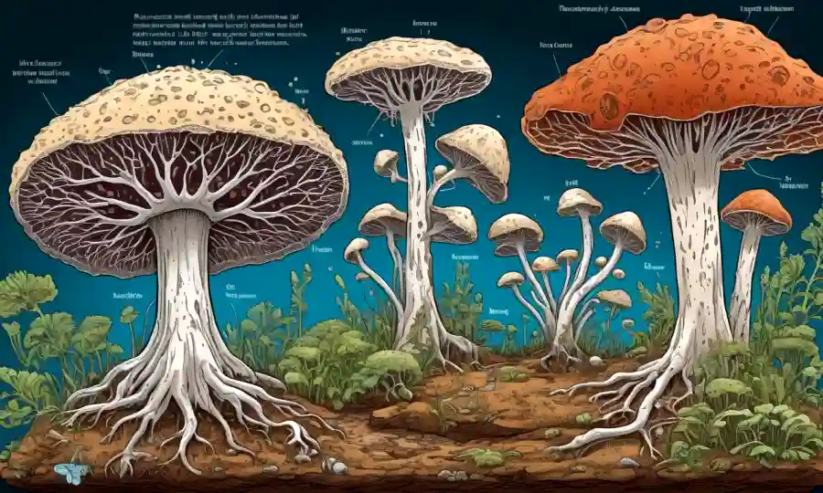Una imagen de microscopio que muestra las etapas de desarrollo y características de micelio fúngico.
