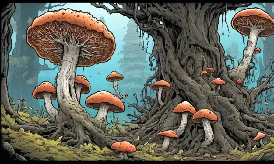 Una cuchara fúngica que se extiende desde un árbol de decaimiento para formar cuerpos frutales y micelio.